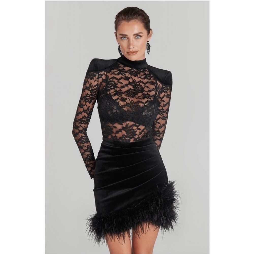 Nadine Merabi Freya Sheer Lace Long Sleeve Mini Dress with Feather Trim Skirt